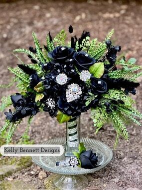 Black Floral Bouquet with Crystal Brooch Accents